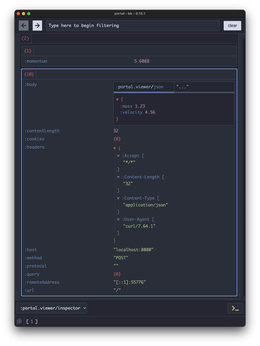 portal screenshot with request data